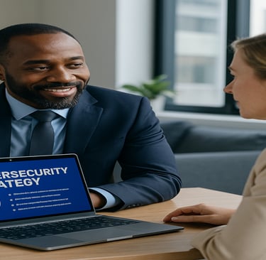 vCISO providing cybersecurity strategy guidance to a small business owner.