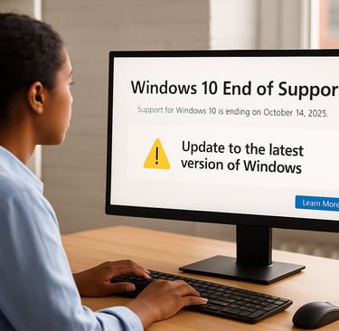 Employee sees Windows 10 End of Support warning, Oct 14, 2025.