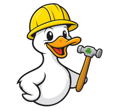 Lucky Duck Roofing company logo featuring a white duck in a hard hat licensed roofing contractor i