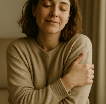 Mujer adulta joven abrazándose a si misma, su cara refleja que se cuida y quiere asi misma