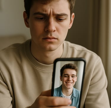 Joven sentado que refleja malestar por como luce y la presión de lucir diferente en redes sociales