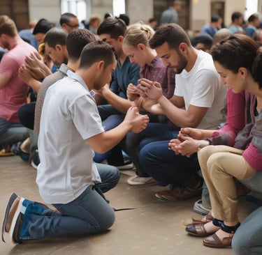 A person is kneeling in prayer at a wooden pew inside a church. The church interior features ornate architecture with tall columns and a large painting depicting a religious scene on the wall. There is a statue of an angel nearby, and sunlight is streaming through, illuminating parts of the floor and pew.