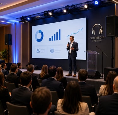 Presentación corporativa en Sevilla con ponente, pantalla profesional, sonido e imagen para eventos 