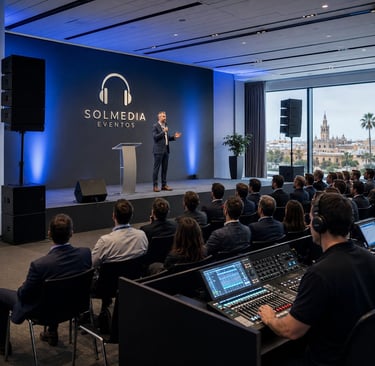 Sonido profesional para eventos corporativos en Sevilla con ponente, altavoces y técnico de sonido