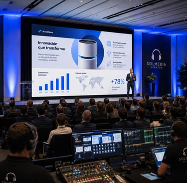 Imagen profesional para eventos corporativos en Sevilla con pantalla LED, marca y técnico