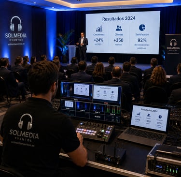 Sonido e imagen para eventos corporativos en Sevilla, pantalla profesional y presentación de marca