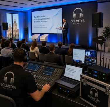 Servicio profesional de sonido e imagen para eventos corporativos en Sevilla con técnico de Solmedia