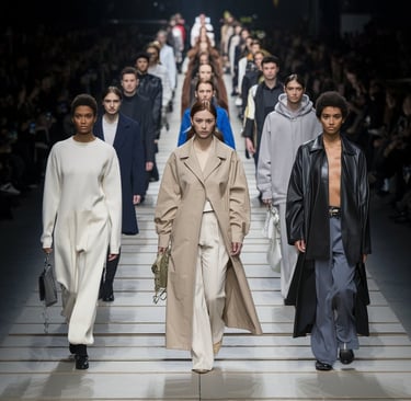 A dynamic scene from a fashion runway show featuring a diverse group of male and female models walking in structure