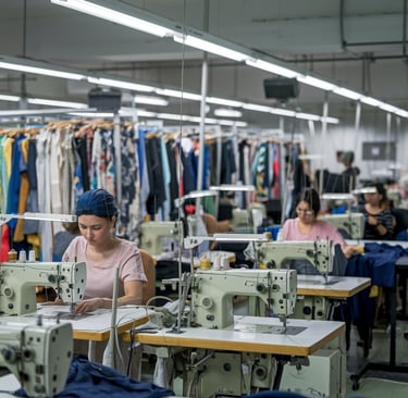 Inside a brightly lit garment factory, several women with dark hair are seated at sewing machines, focused on their work.