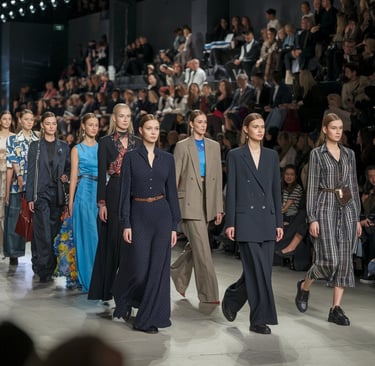 A photo of a large fashion show event with a runway. There are multiple models wearing various stylish outfits,