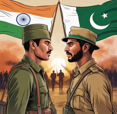 Standoff Between Indian and Pakistani Soldiers Under Their National Flags. Border Conflict, Military Tension.