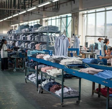 Garment Factory Workers Inspecting and Sorting Clothing on Conveyor Belt. Textile Manufacturing, Quality Control.