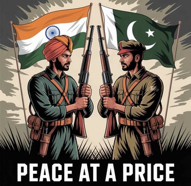 Illustration of Indian and Pakistani soldiers facing each other with rifles, national flags in the background