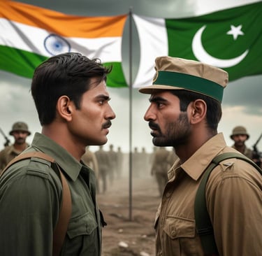 Indian and Pakistani soldiers face to face in a tense standoff, symbolizing the historic conflict between India and Pakistan