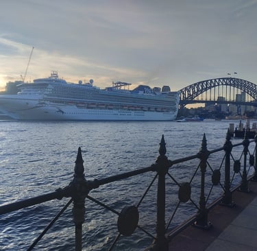 A large cruise ship is sailing on the water with the Sydney Harbour Bridge visible in the background.