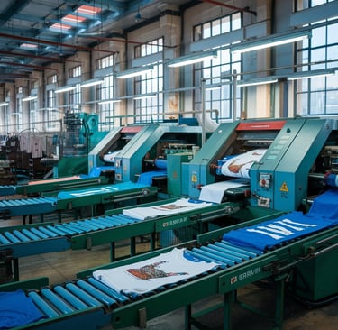 T-shirt printing factory. Textile manufacturing. Industrial production line. Garment printing process.