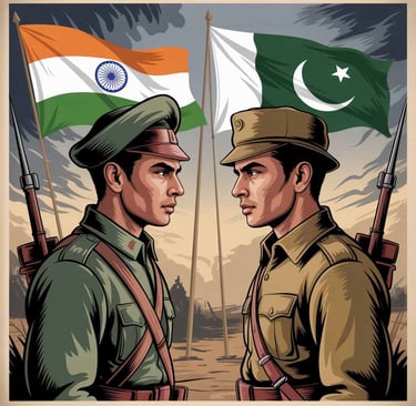 Vintage-style illustration of Indian and Pakistani soldiers facing each other with national flags in the background.