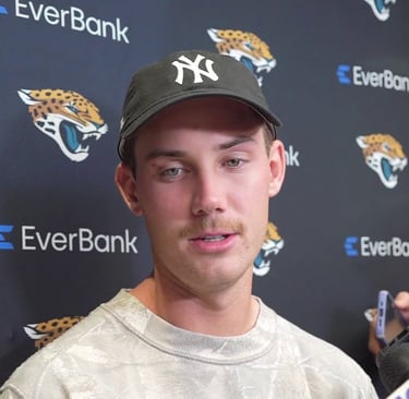 Jacksonville Jaguars kicker Cam Little at press conference after hitting 70-yard field goal in prese