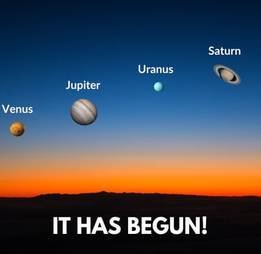 Illustration of six-planet alignment with Venus and Jupiter conjunction in August 2025 pre-dawn sky