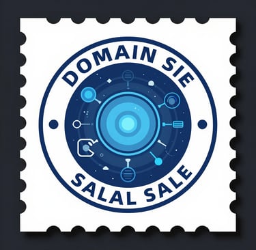Domain sale banner featuring an isometric blue 3D cube and digital icons on a dark background.