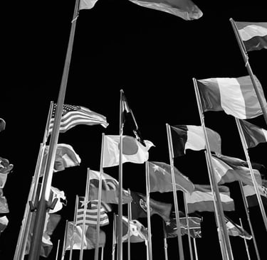 a bunch of flags are flying in the air