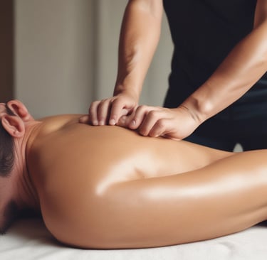 A person is giving a massage in a dimly lit room. The focus is on the hands applying pressure on the back of the individual lying down. The atmosphere appears calm and therapeutic.