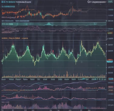 A digital financial chart with green and red zigzag lines on a dark background, representing market trends. Below the main graph, there are smaller charts featuring bar indicators in red and blue, along with a yellow line graph.