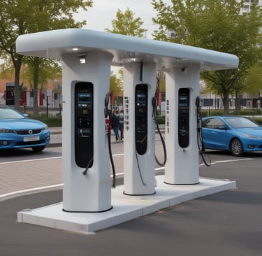 An electric vehicle (EV) charging station is situated in an outdoor, grassy area with trees in the background. The station features a ChargePoint unit with two charging plugs and an orange sign indicating 'EV Charging Only'. A small body of water is also visible behind the station.