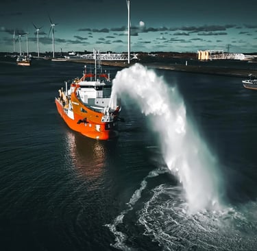 a boat in the water with a large spray of water