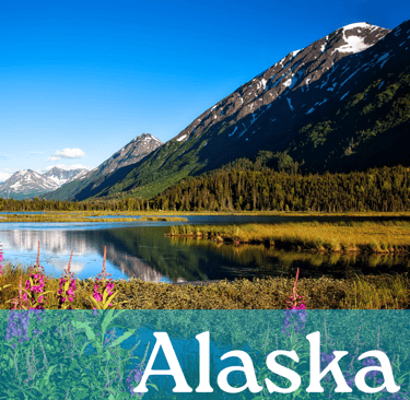 A snow capped mountain near a like with the word Alaska written in white
