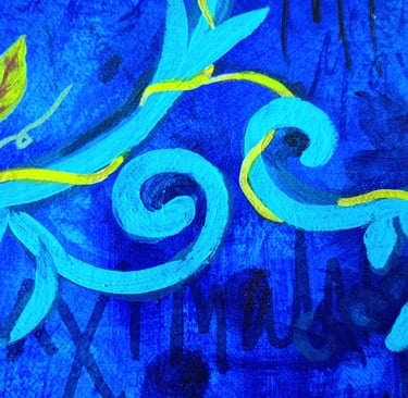 cryptic text  and organic forms in a painting