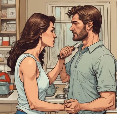 A husband and wife hold each other in a kitchen, in a deep emotional bond intertwined with struggles of emotional  abuse.