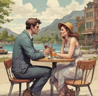  A couple on a date at a cozy table, savoring wine together in a romantic atmosphere. 