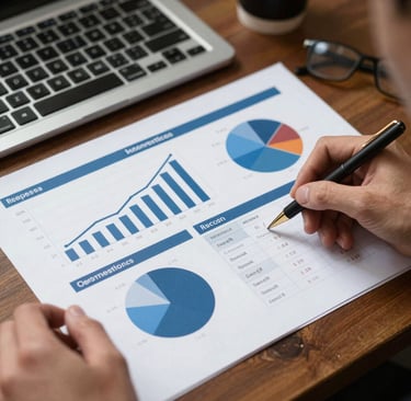 A businessman analyzing financial data reports with charts and graphs on a wooden desk with a laptop.