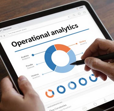 Hand using a stylus on a tablet displaying operational analytics with colorful donut charts and data.