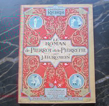 an antique Franch book with a partitures of Pierrot ans Pierettepicture of a woman in a red dress
