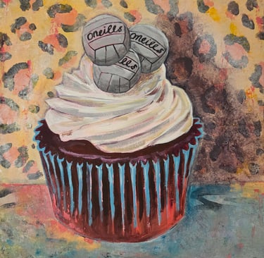 a painting of cupcake with a GAA balls on top of it and animal print background