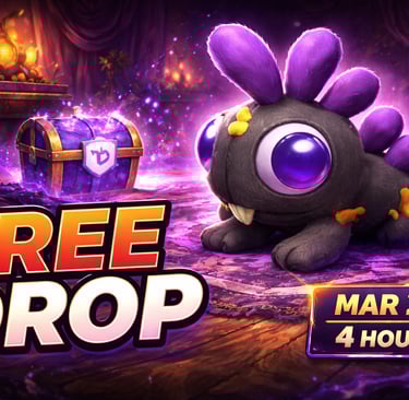 Cuddly Void Grrgle, a plush-style Void creature with glowing purple eyes, sits in the center of a dark magical interior.