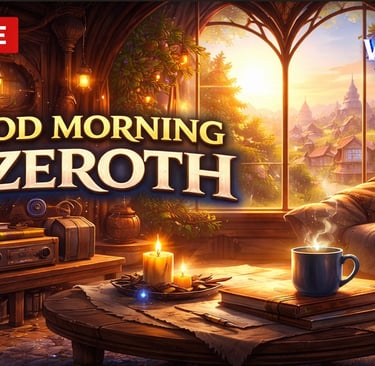 Cozy World of Warcraft Midnight Housing inspired room with warm morning light, coffee, candles, books, Good Morning Azeroth