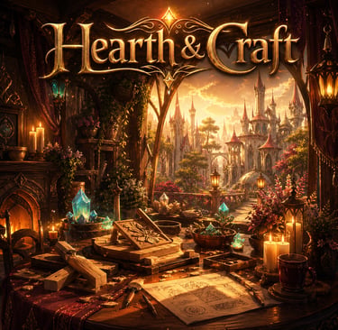Hearth and Craft cozy fantasy album cover with candles, crystals, crafting table, and golden elven city view.