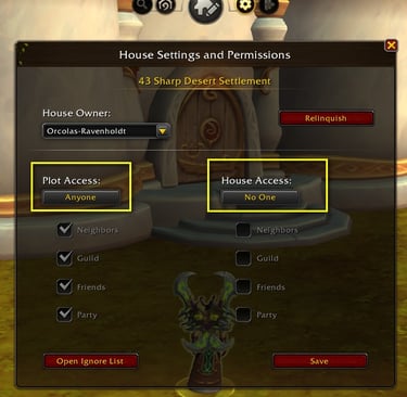 wow housing, housing settings and permissions, plot access, house access