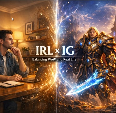 Human on the left and fantasy WoW-style character on the right, with both worlds merging in the center to represent balancing