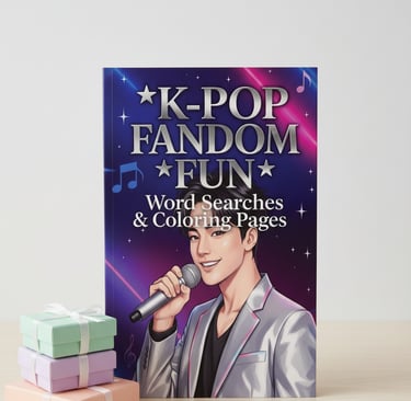 k-pop fandom fun, k-pop word search, k-pop coloring book, k-pop activity book, unofficial fan puzzle book, fantasy hunt