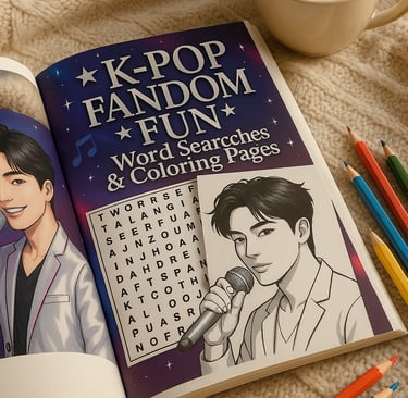 k-pop fandom fun, k-pop word search, k-pop coloring book, k-pop activity book, unofficial fan puzzle book, fantasy hunt