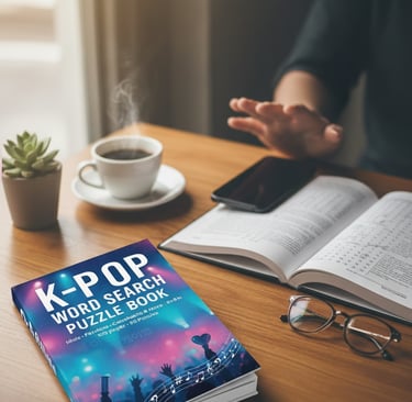k-pop word search puzzles, k-pop puzzle book, k-pop fandom gifts, idol word search book, comeback fan activity book, wow