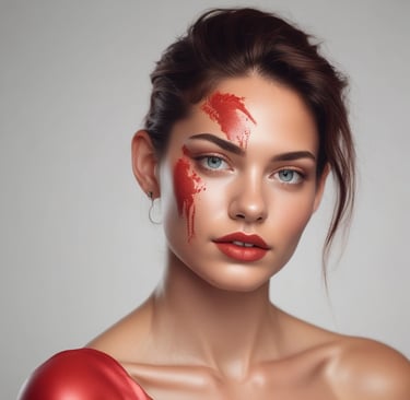 a woman with red lipstick and blood red lipstick, that defies the expectations set to her by society