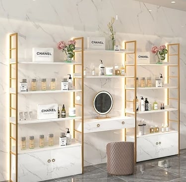 a room with a white marble floor and a white wall