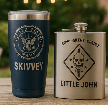 custom laser engraved tumbles and flasks.