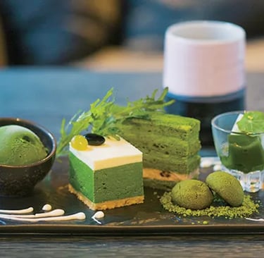 matcha sweets with cake and ice cream