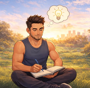 animerad vit man som sitter pÄ en Àng och noterar ner bra saker